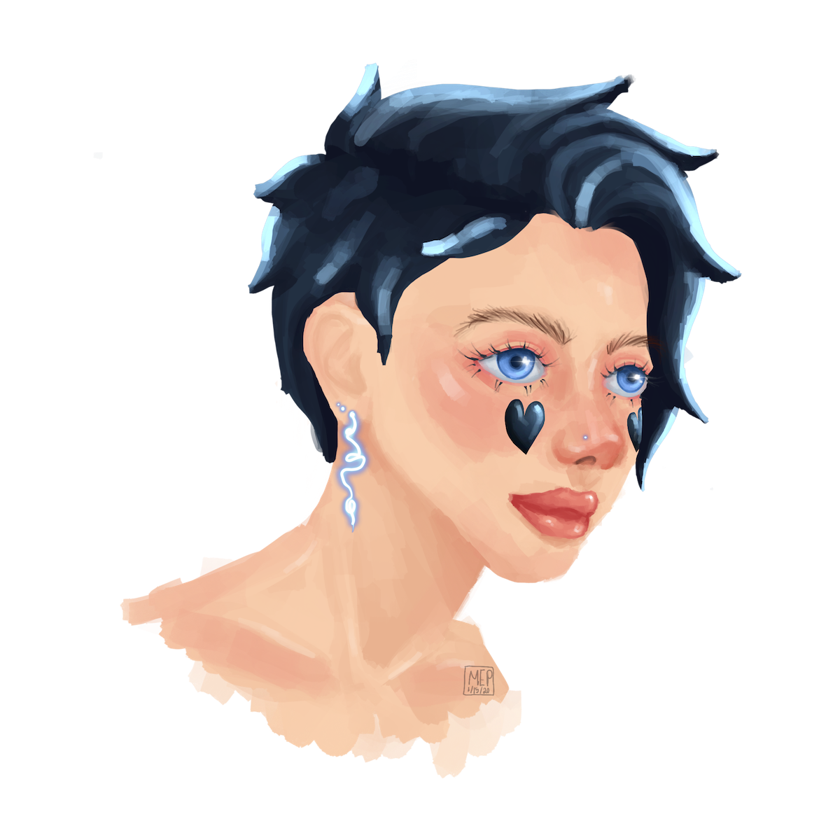 a digital portrait painting of a woman with short blue hair, icey blue eyes, and a dark blue heart on each cheek