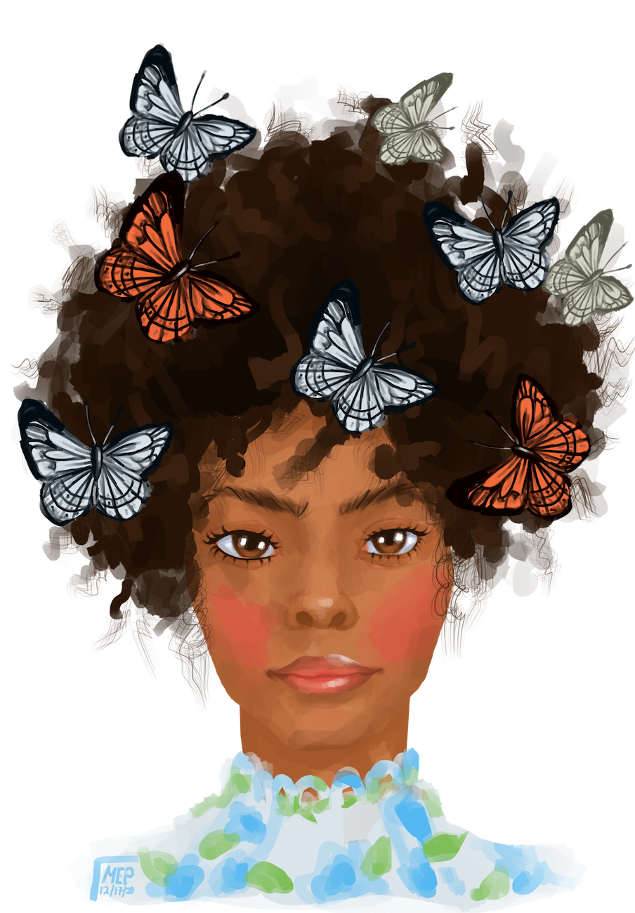 a digital painting of a woman with dark curly hair with butterflies in it.