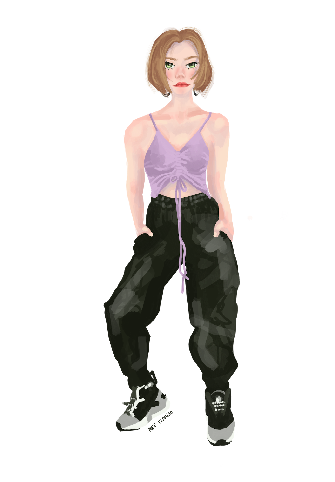 a digital full body painting of a girl in casual clothes.