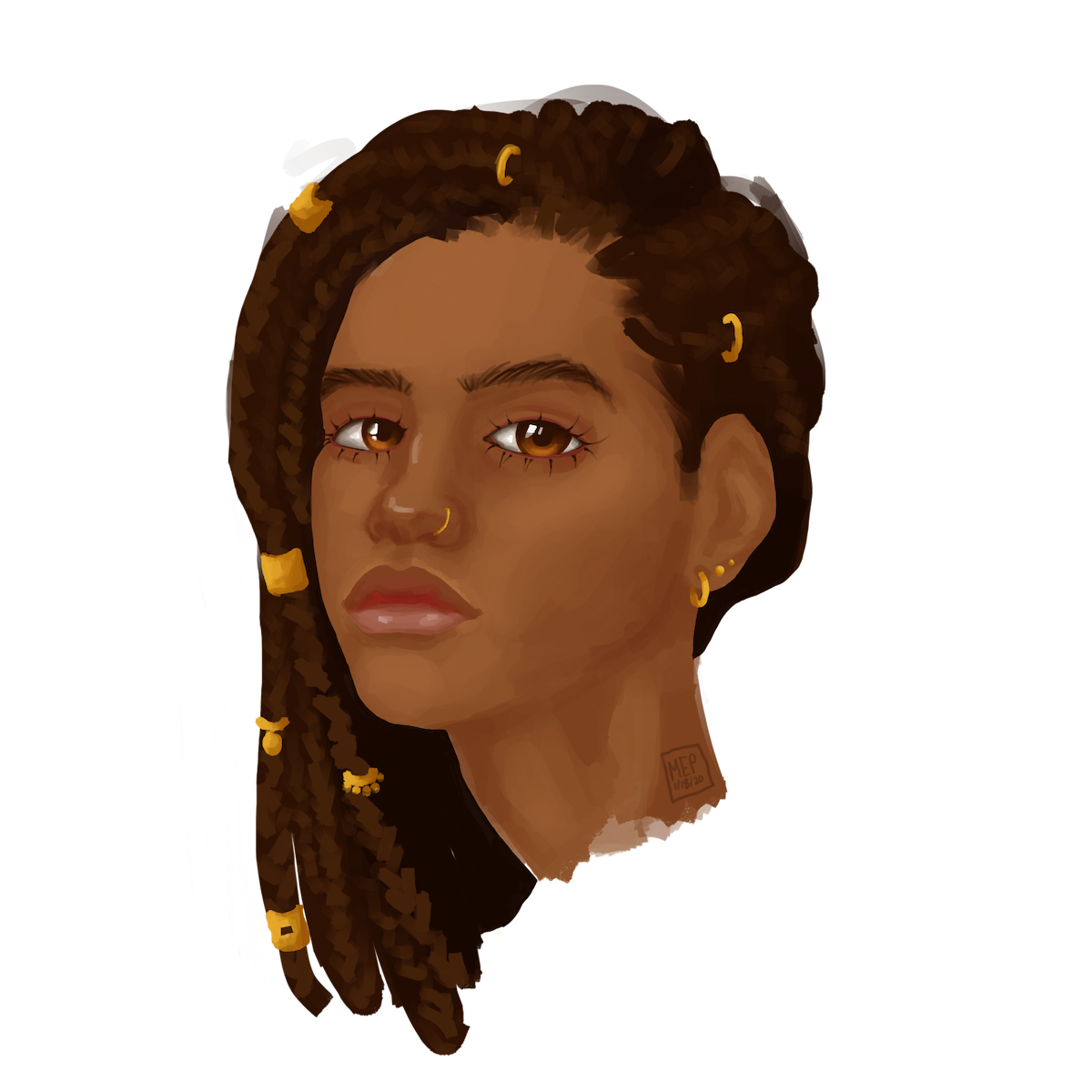 a digital portrait painting of a woman with braided hair and gold jewelry on her hair and ears