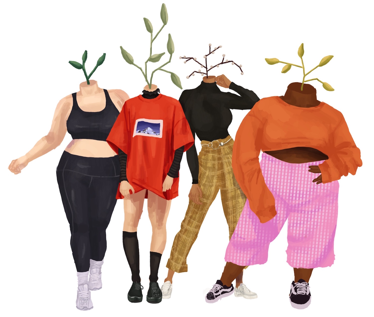 a digital painting of four friends with plants instead of heads
