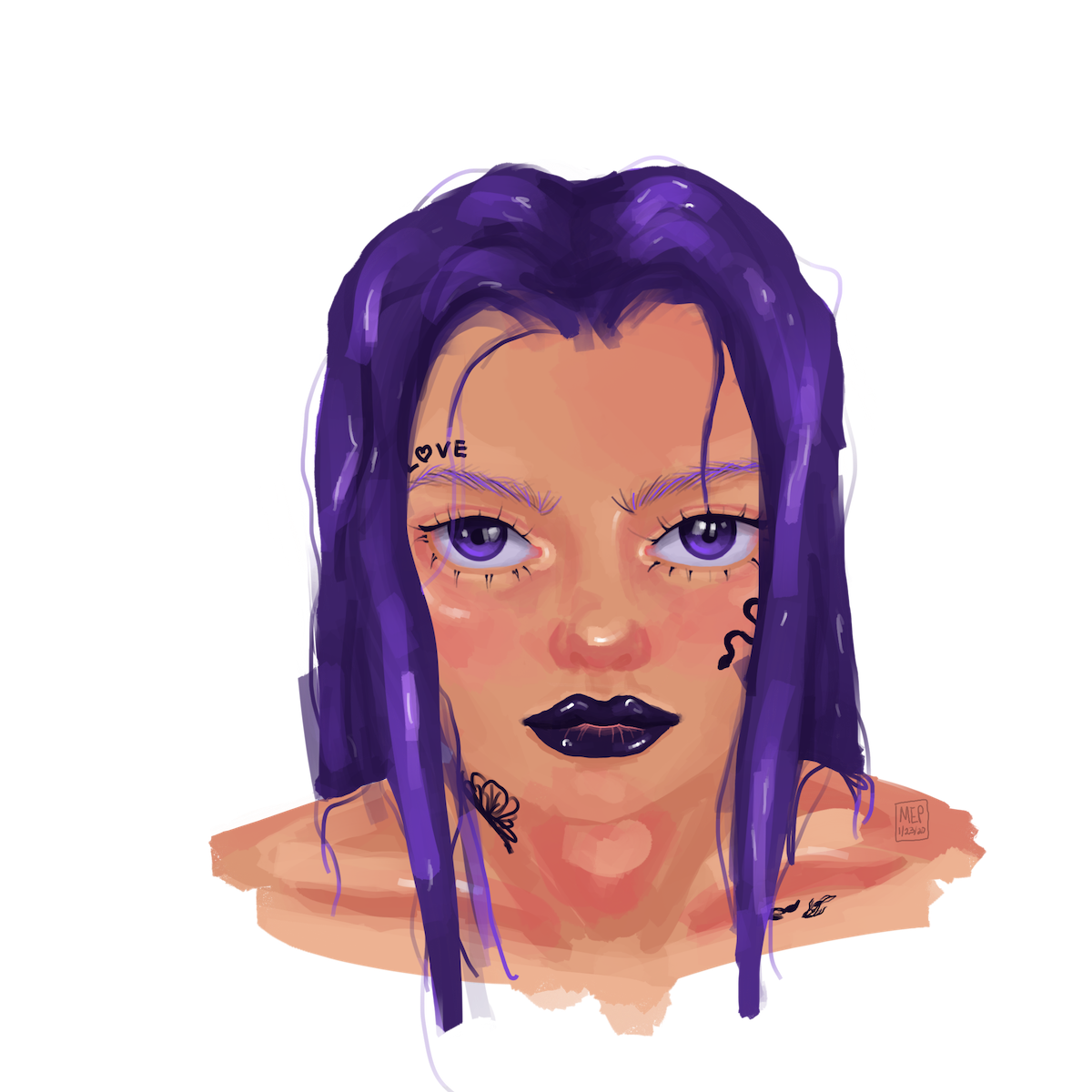 a digital portrait painting of a person with purple hair and eyes.