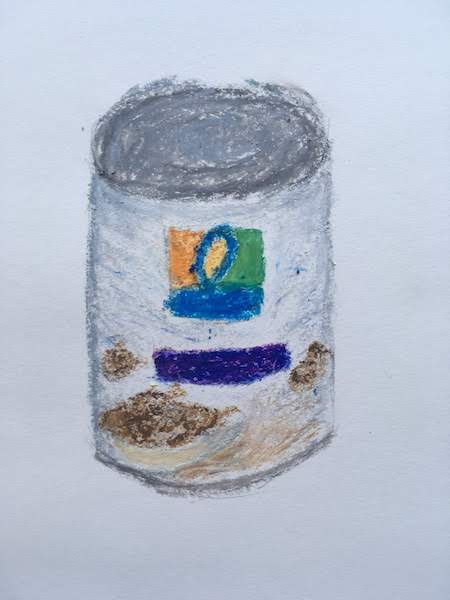 an oil pastel drawing of a can of pinto beans