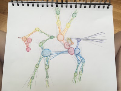 a colored pencil drawing of a person vaulting on a horse, drawn using only circles and lines to show where the bodies are