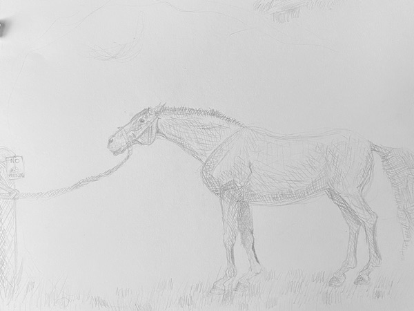 a pencil drawing of a horse standing, shaded with big messy cross hatching