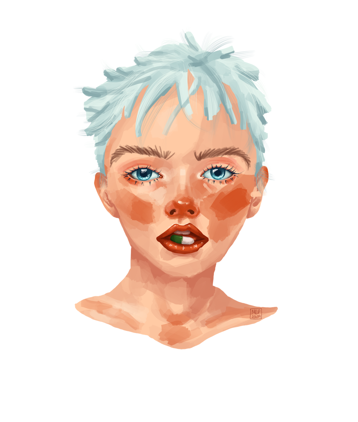 a digital portrait painting of a person with short blue grey hair and a pill in their mouth