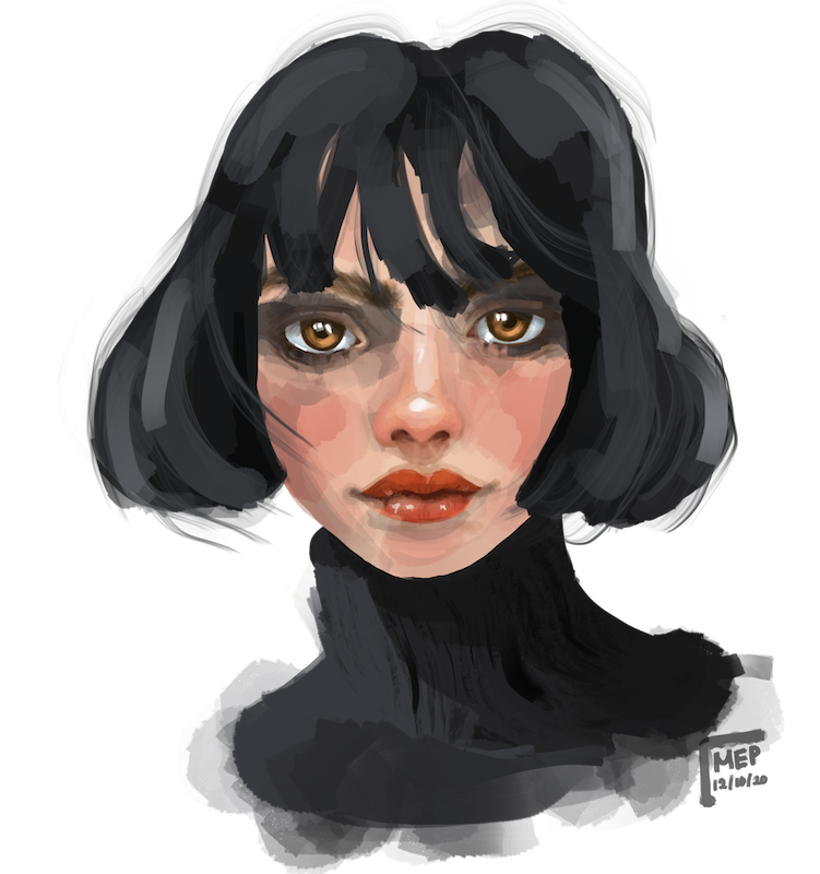 a digital art portrait of a woman with black hair, cut just under her ear and a black turtleneck