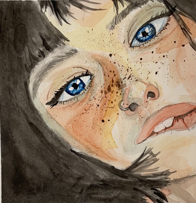 a watercolor painting zoomed in on a person's face
