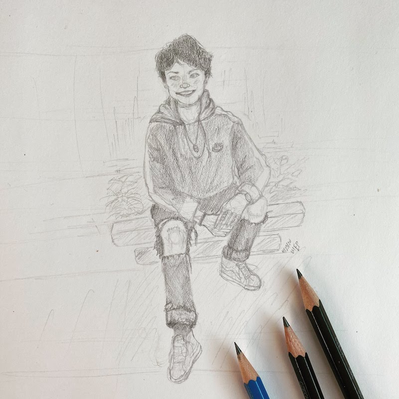 a pencil drawing of a person from tiktok sitting on a low brick wall