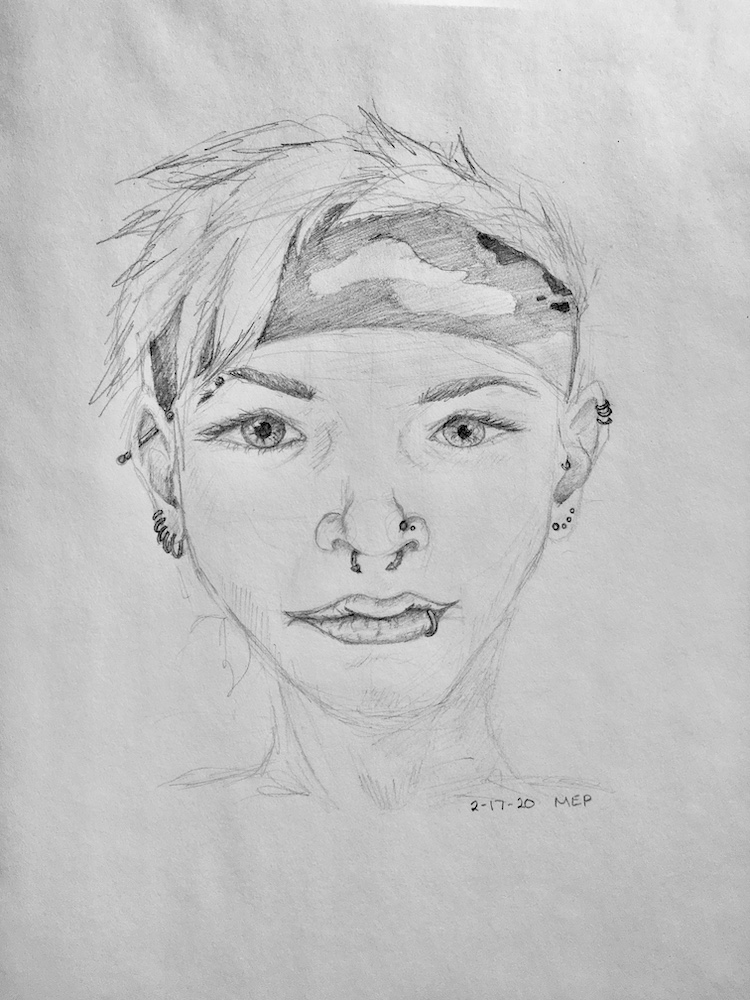 a pencil portriat of an androgynous person with lots of peircings