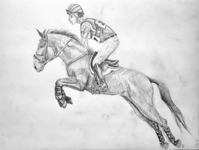 a pencil drawing of a horse and rider jumping over a not drawn cross country fence