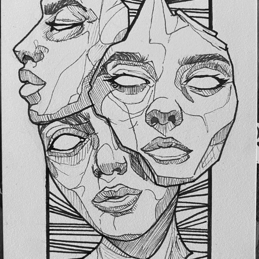 ink drawing of three heads