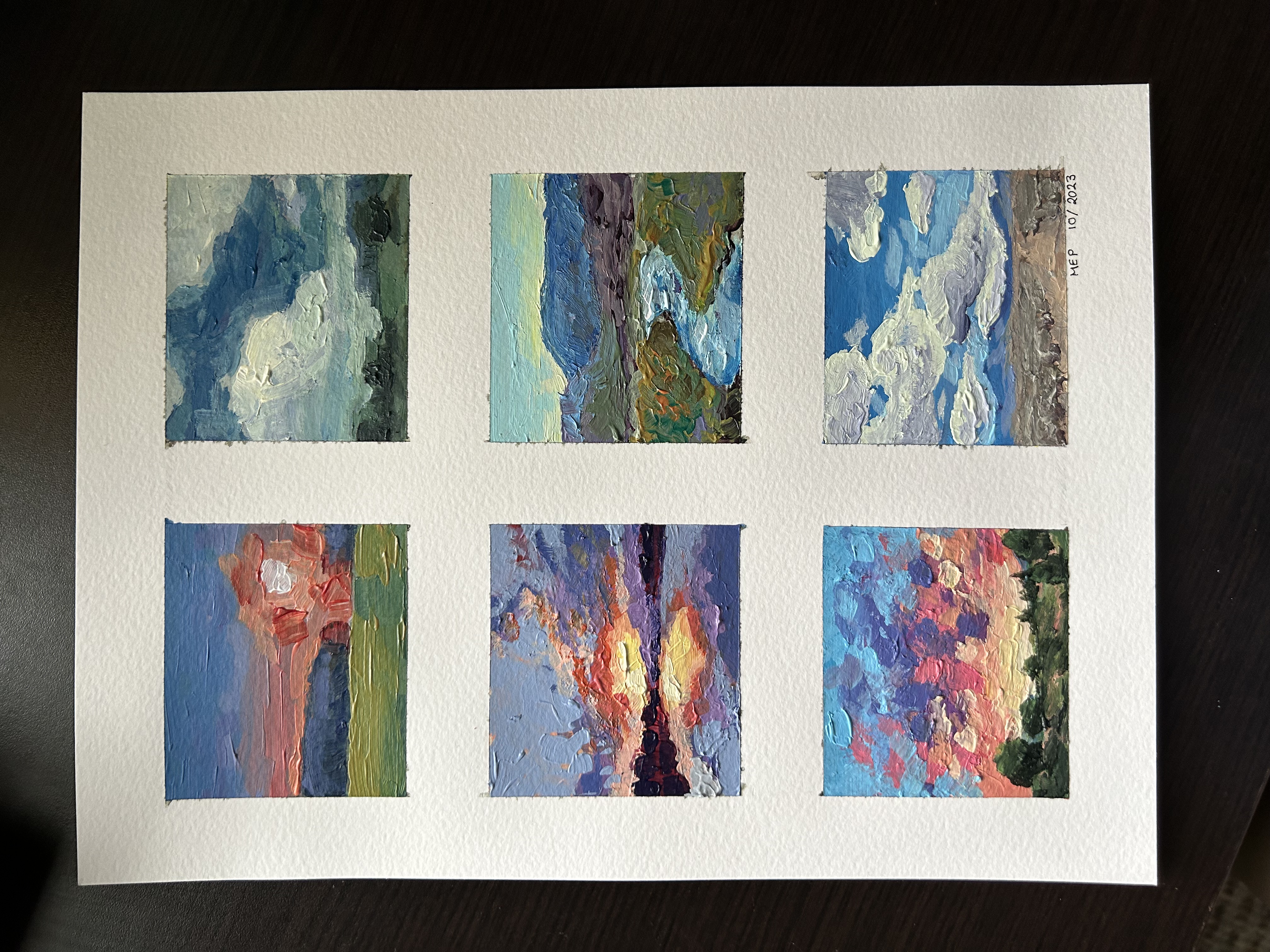 6 acrylic landscape paintings, column on the left is sunsets, column on the right is clouds, all on same framed sheet