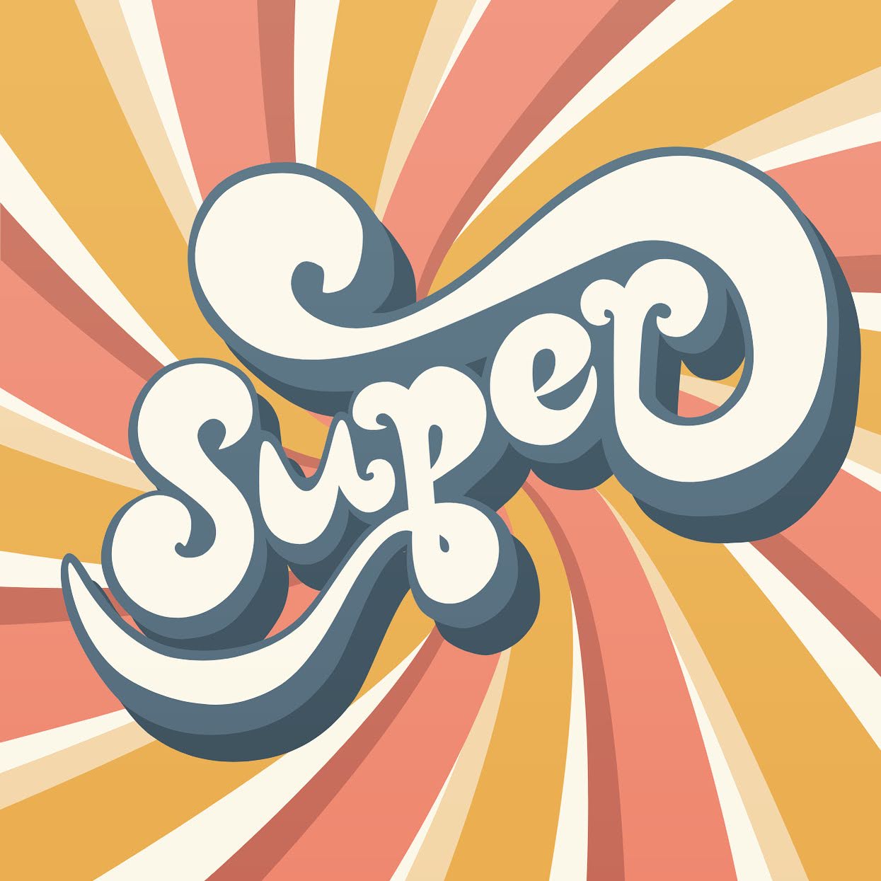Super in retro graphic font with bright colored swirl behind it