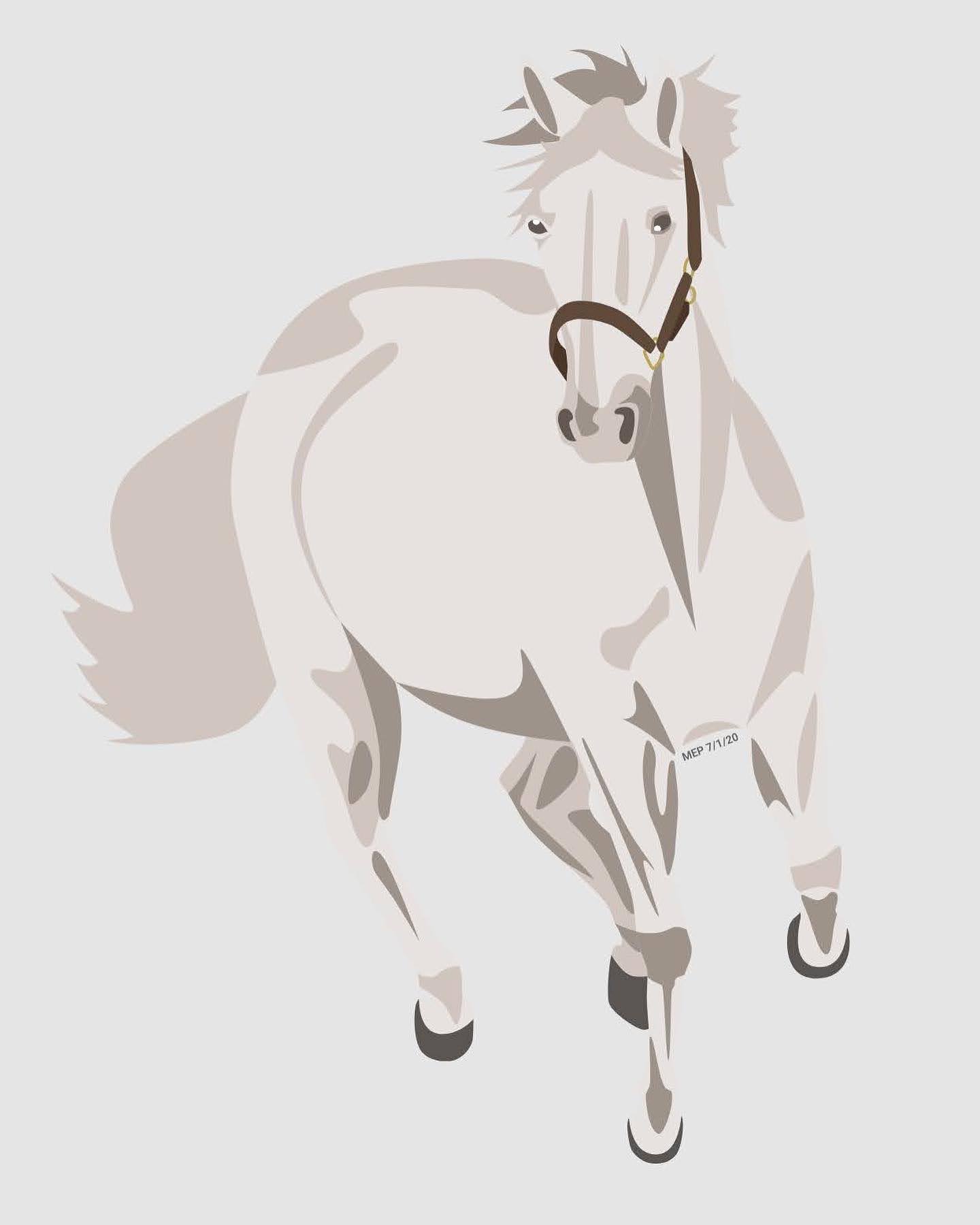 Digital flat illustration of grey horse cantering